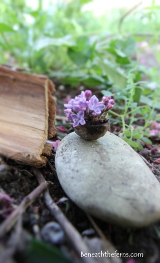Miniature walnut flower basket for fairy garden