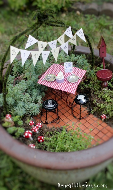 Birthday fairy garden theme with miniature picnic table