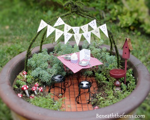 Miniature fairy garden birthday theme picnic table