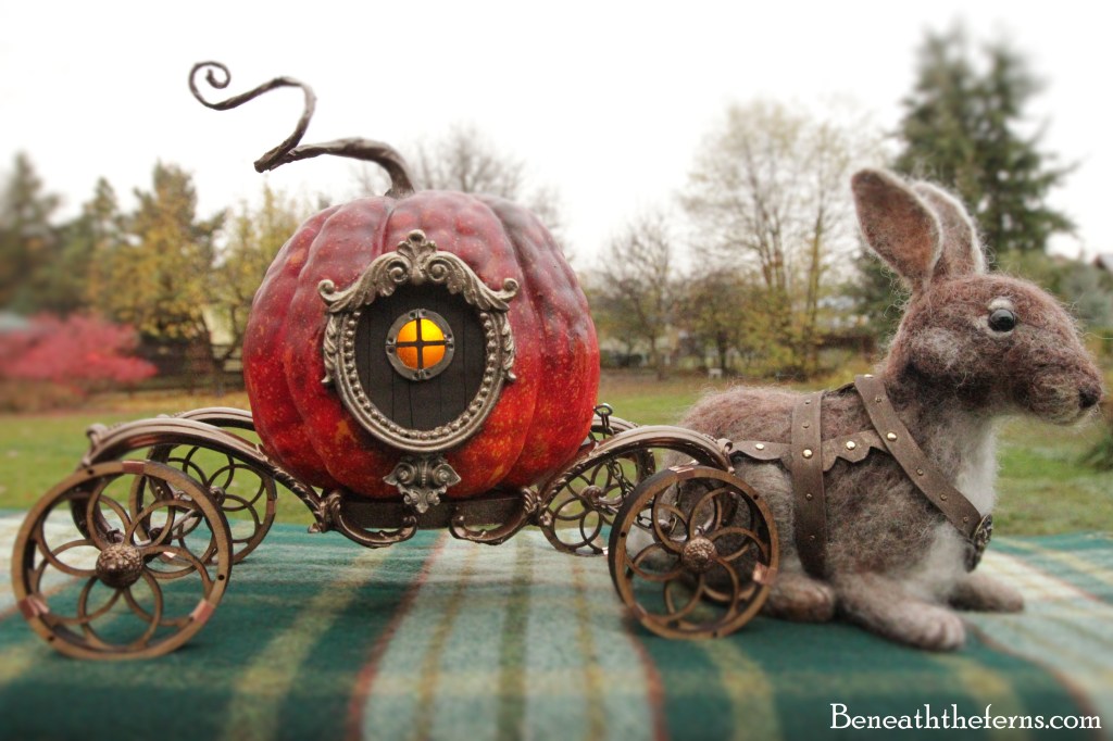 Felted Rabbit Riding Pumpkin coach and needle felted rabbit | Beneath the ferns