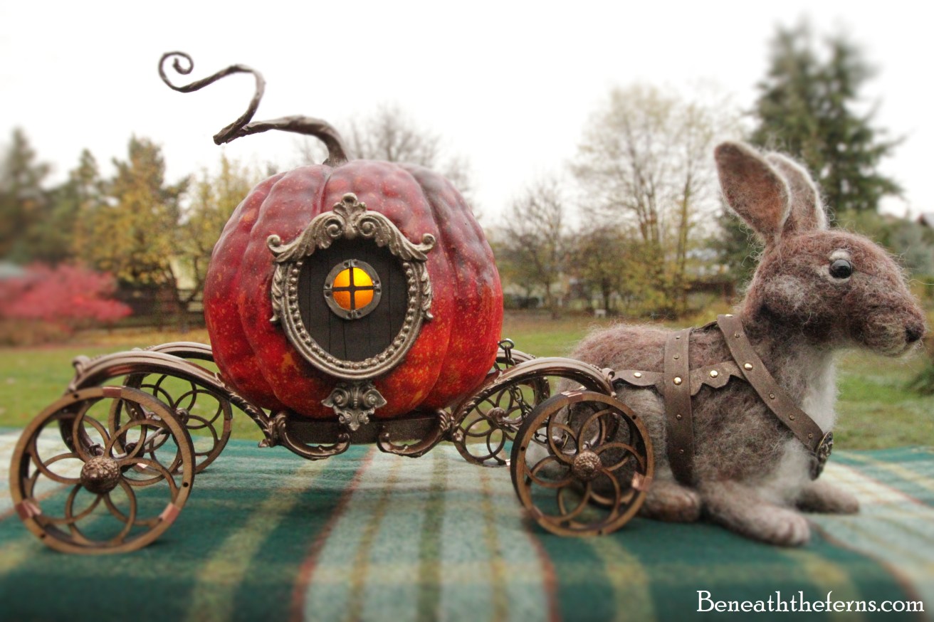 Happy Halloween! Pumpkin coach and needle felted rabbit sculpture ...